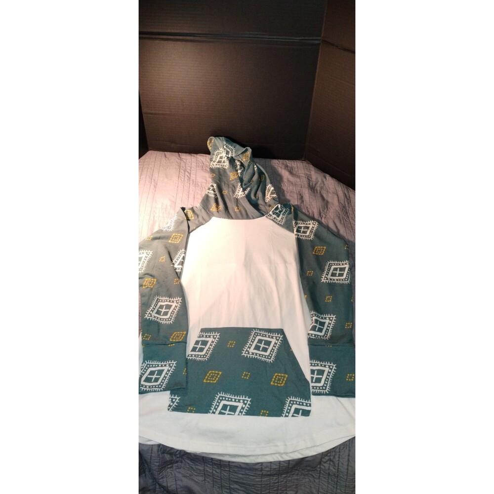 LuLaRoe Hooded Pullover Hoodie Green White Yellow Geometric Long Sleeve Sz L
